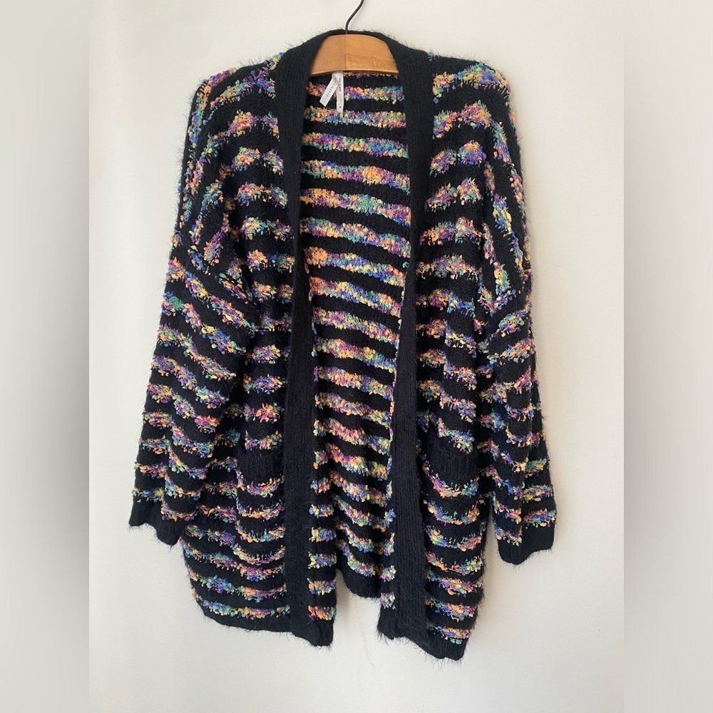 Dreamers Sweater Women’s Medium Black Rainbow Oversized Open Front Cardigan - Picture 4 of 10
